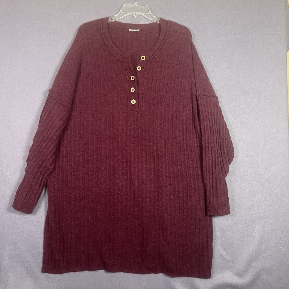 Free People Henley Tunic Sweater Womens Large Burgundy Around The Clock Ribbed